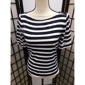 Lauren Ralph Lauren Navy White Striped Boat Neck Zip Shoulder Cotton Top M